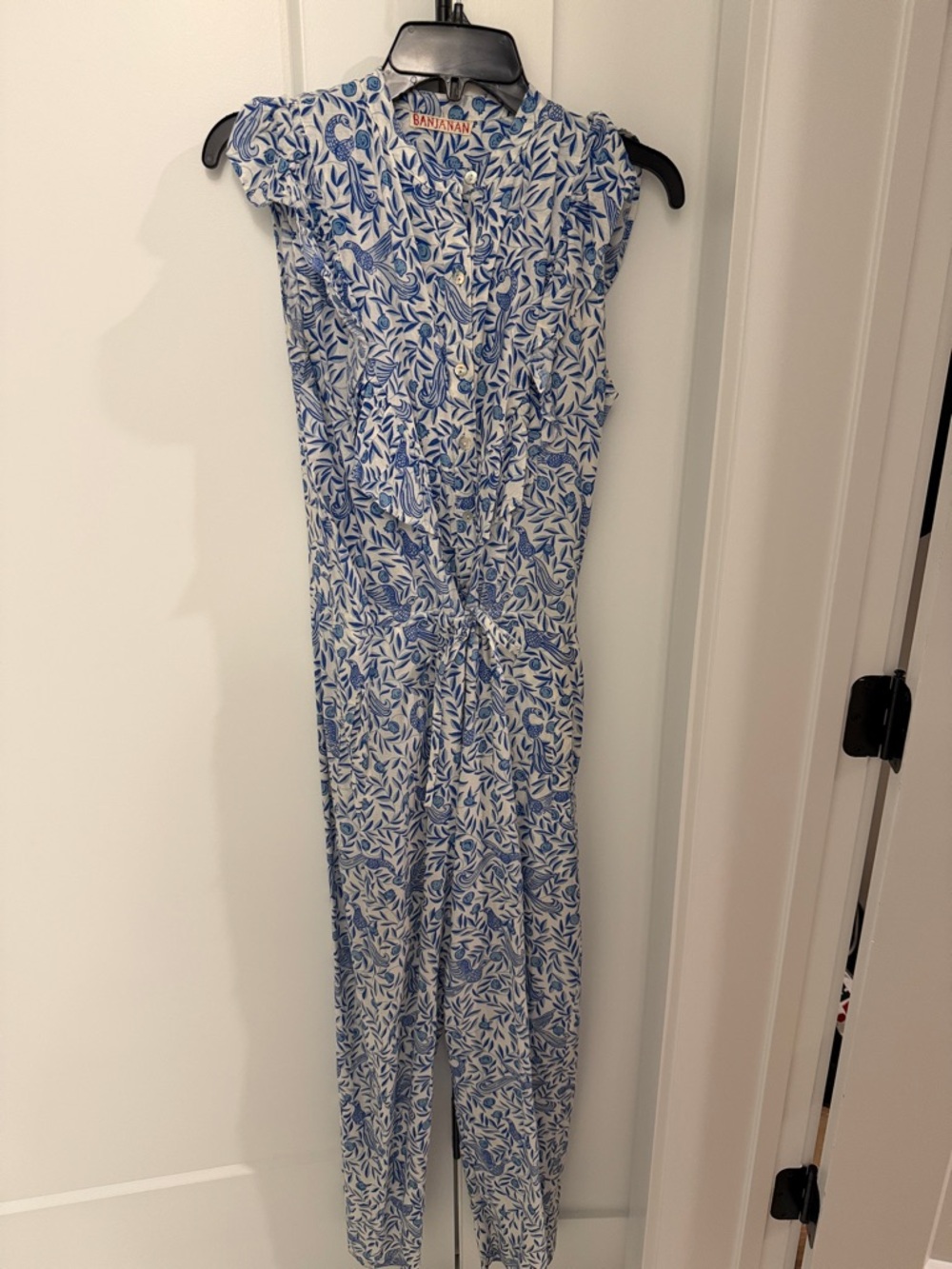 Banjanan Blue and White Leaf-Print Long Sleeve Dress